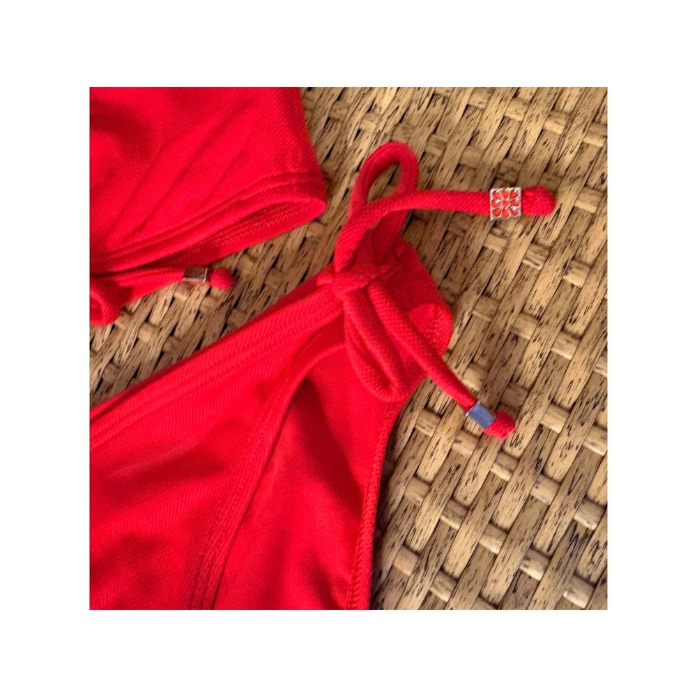 Esprit Vintage Beach Red Textured Halter Bikini Set Side Tie Bottoms XS Women's - Picture 3 of 7
